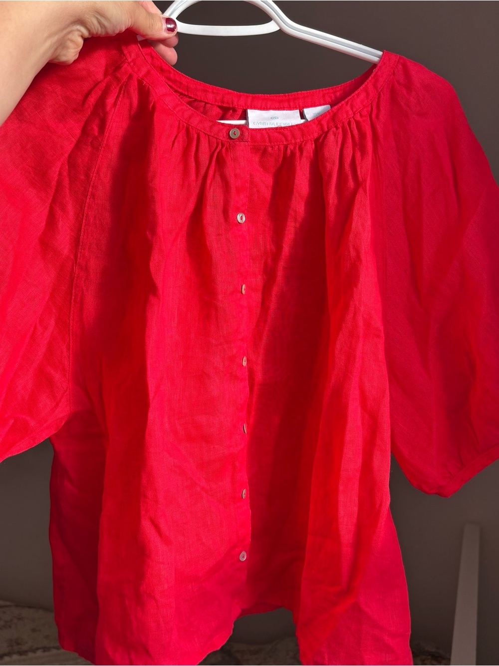 Cynthia Rowley 100% Linen Red Crop Puff Sleeve Button-Front Women's Top Size M